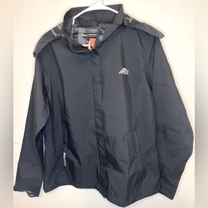 OTU Black Rain Jacket Womans Size L Hooded Lightweight Waterproof NWT